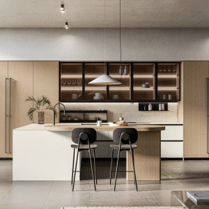 Asia Modern kitchen with lacquered wooden door or natural effect