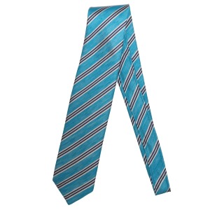 Luxury Sartorial Silk and Linen Tie, White and Black Regimental Stripes on Turquoise Background, Handmade in Italy

 