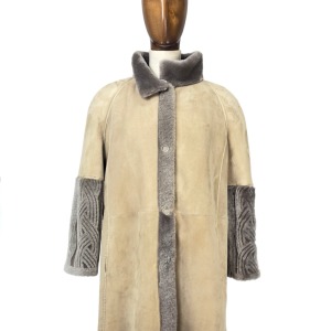 Shearling Beige Coat with Inlaid Knit Details and Invisible Closure