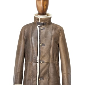 Men's Coat in Shearling Vintage Brown with Closure Bottoni and High Collar