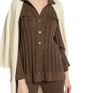 Chemise à Maglia Marrone avec Motivo a Coste e Détails Traforati