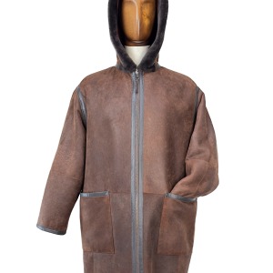 Oversize Coat in Shearling Brown with Hood and Zip Double Cursor Front