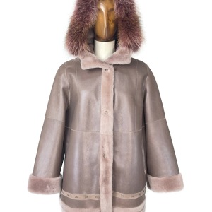 Shearling Taupe Coat with Natural Fox Cap and Embroidered Finishes