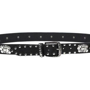 Studded Black Leather Belt with Metal Flowers

 