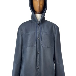 Men's vest in Shearling Blue with Hood, Tasche Soffietto and Bottoni Automatic